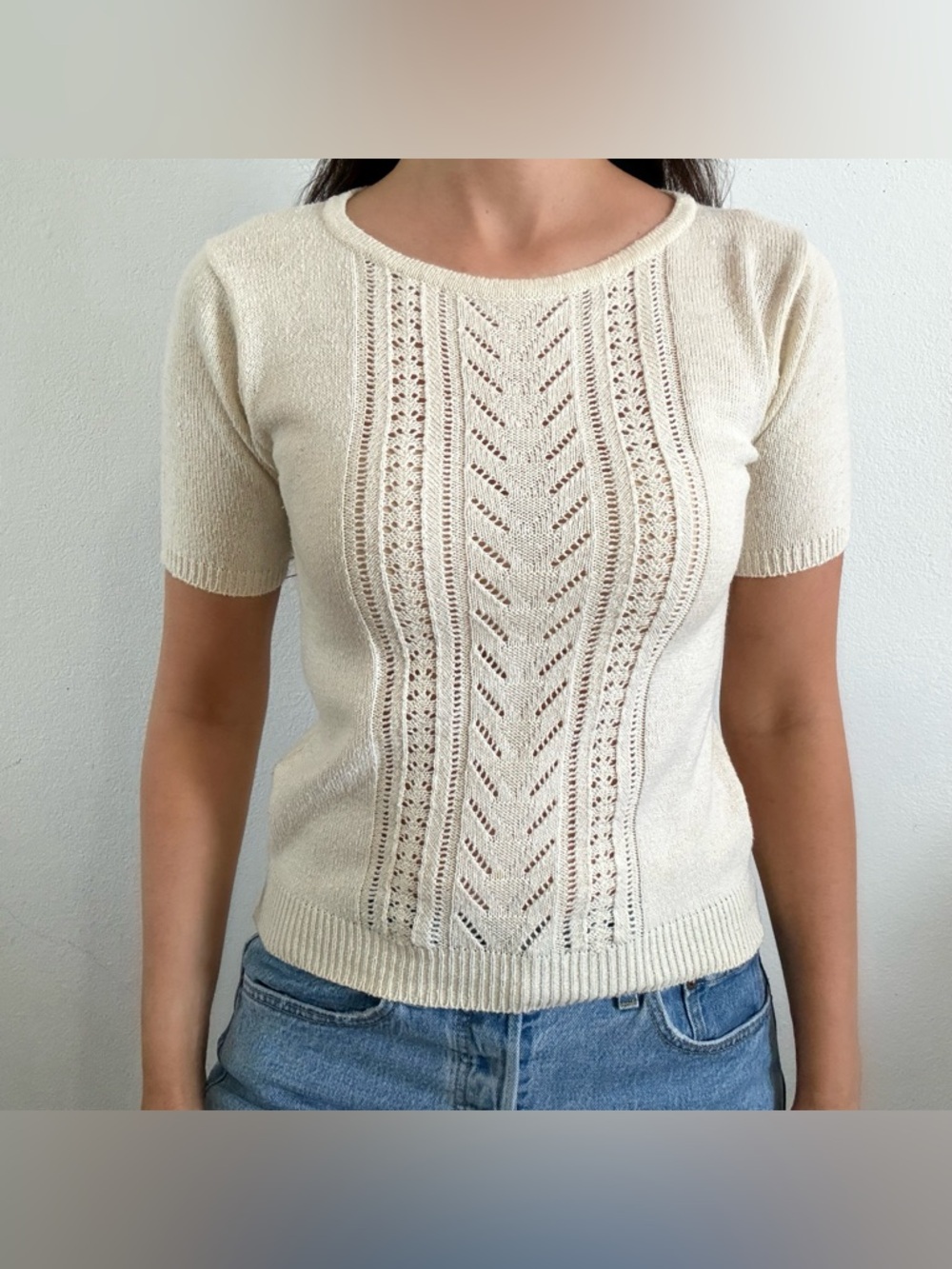 Vintage cream knit blouse top minimalist short sleeve medium small